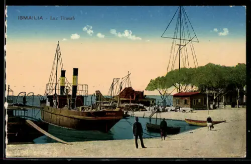 AK Ismailia, Lac Timsah, Dampfschiff, Ruderboote, Leute