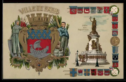 AK Paris III, Ville de Paris, Statue de la Republique, Wappen, Segelschiff