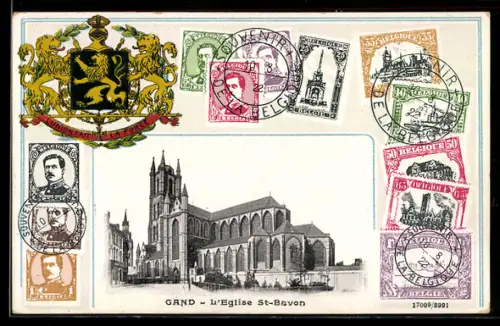 AK Gand, L`eglise St.Bavon, verschiedene belgische Briefmarken