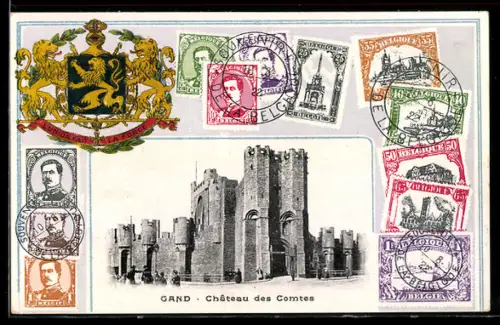 AK Gand, Château des Comtes, Briefmarken und Wappen von Belgien