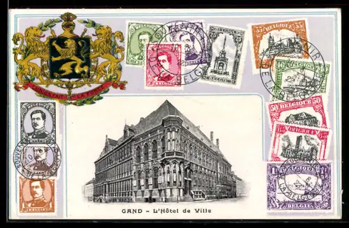 AK Gand, L`Hotel de Ville, Belgische Briefmarken, Wappen