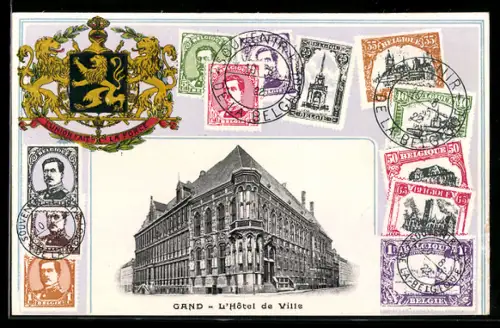 AK Gand, L`Hotel de Ville, Belgische Briefmarken, Wappen