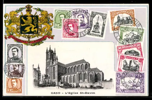 AK Gand, L`eglise St.Bavon, verschiedene belgische Briefmarken