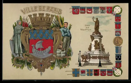 AK Paris III, Ville de Paris, Statue de la Republique, Wappen, Segelschiff