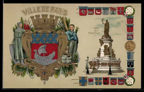 AK Paris III, Ville de Paris, Statue de la Republique, Wappen, Segelschiff