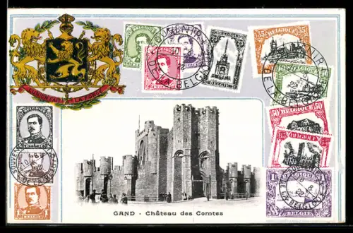 AK Gand, Château des Comtes, Briefmarken und Wappen von Belgien