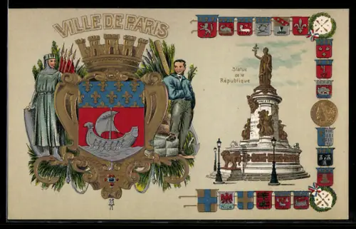 AK Paris III, Ville de Paris, Statue de la Republique, Wappen, Segelschiff