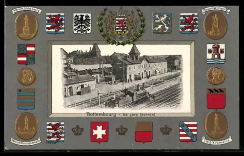AK Bettembourg, La gare Gleisseite, Wappen und Monumente