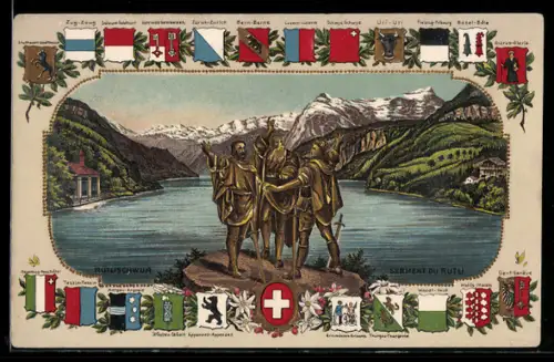 AK Rütli, Rütlischwur, Wappen von Zürich, Luzern und Uri