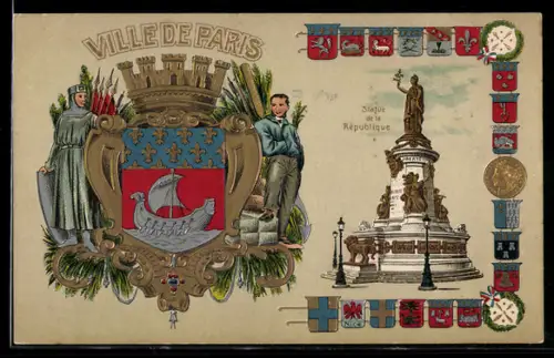 AK Paris III, Ville de Paris, Statue de la Republique, Wappen, Segelschiff