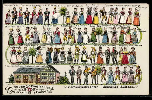 Künstler-AK Schweizer Trachten aus verschiedenen Regionen, Costumes Suisses
