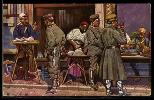 Künstler-AK Skoplje / Ueskueb, Strassenleben mit Händlern und Soldaten