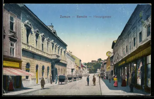 AK Zemun / Semlin, Hauptgasse mit Geschäften, Pferdekutschen