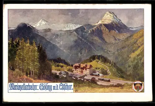 AK Deutscher Schulverein Nr. 714: Göpfing a. d. Mariazellerbahn, Bahnhof gegen Ötscher