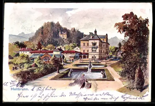 Künstler-AK Franz Kulstrunk: Hellbrunn, Blick auf den Schlossplatz