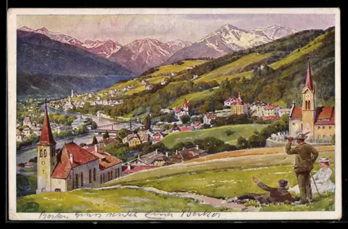 Künstler-AK Innsbruck, Totalansicht aus der Vogelschau