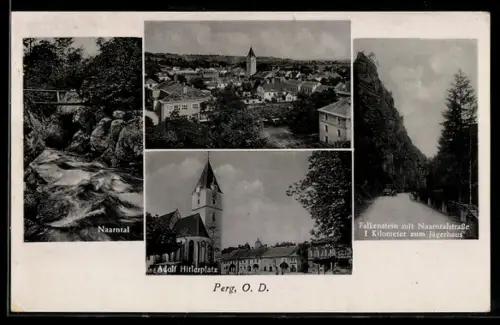 AK Perg, Naarntal, Gesamtansicht, Hauptplatz und Falkenstein mit Naarntalstrasse zum Jägerhaus