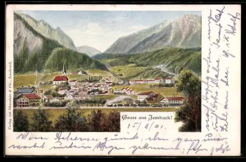 Künstler-AK Jembach, Ortsansicht mit Kirche und Gebirgszug, Eisenbahn