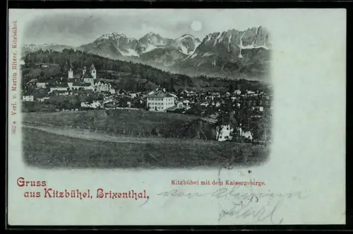 Mondschein-AK Kitzbühel /Brixenthal, Ortspanorama mit dem Kaisergebirge