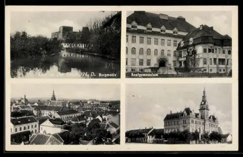 AK Laa an der Thaya, Burgmotiv, Realgymnasium und Stadtpanorama