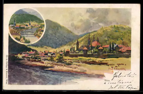 Künstler-AK Franz Kopallik: Göss, Teilansicht, Leoben