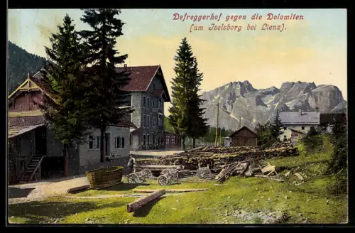 AK Iselsberg, Blick auf den Defreggerhof gegen die Dolomiten