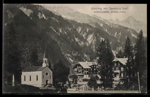 AK Ginzling im Zillertal, Teilansicht mit Gasthaus Kröll und Kirche