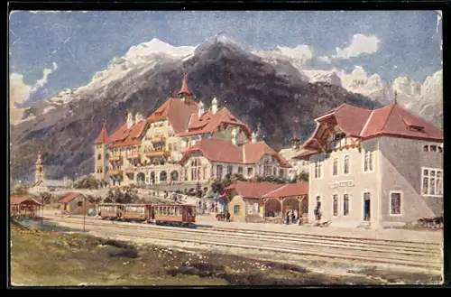 AK Fulpmes, Stubai - Hotel und Stubaitalbahn fährt in den Bahnhof