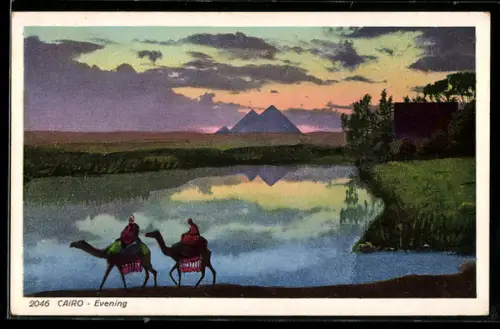 AK Cairo, evening, mit Kamelen am Wasser