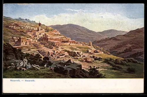Künstler-AK F.Perlberg: Nazareth, Totalansicht mit Schafthirte