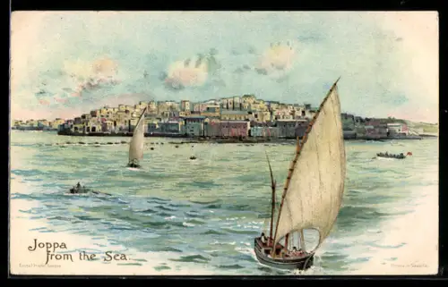Lithographie Joppa, Blick vom Meer auf den Küstenort