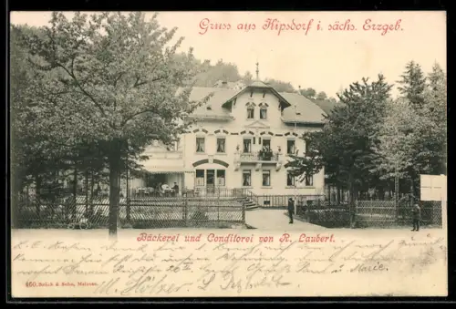 AK Kipsdorf i. sächs. Erzgeb., Bäckerei von R. Laubert, AUssenansicht mit Gartenanlage