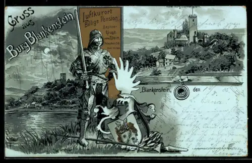 Mondschein-Lithographie Blankenstein, Hotel Burg Blankenstein, Inh. Gust. vom Stein