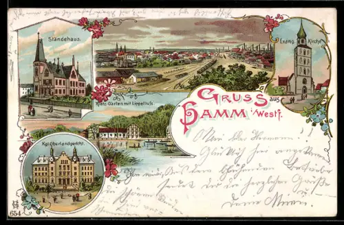Lithographie Hamm i. Westf., Totalansicht, Ständehaus, Evangelische Kirche und Kgl. Oberlandgericht