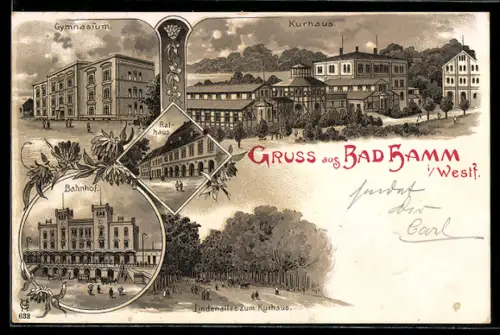 Lithographie Bad Hamm i. Westf., Kurhaus, Gymnasium, Bahnhof und Rathaus