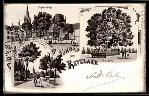 Lithographie Kevelaer, Kapellen-Platz, Kreuzweg, Kreuzbaum