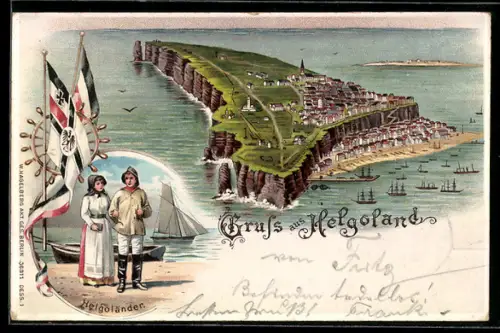 Lithographie Helgoland, Insel Helgoland mit Schiffen und Helgoländern