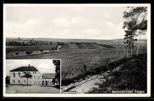 AK Bockwitz über Torgau, Totalansicht und Gasthof Bockwitz, Bes. Martin Birkner