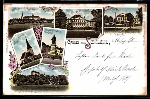 Lithographie Schleiz, Schloss Ebersdorf, Bergkirche, Schloss Schleiz