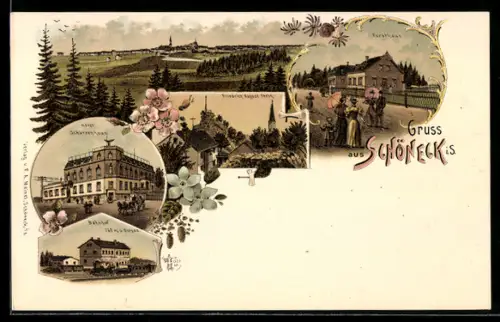 Lithographie Schöneck i. S., Forsthaus, Hotel Schützenhaus, Bahnhof