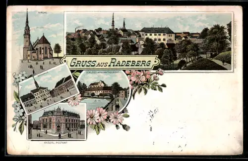 Lithographie Radeberg, Kaiserl. Postamt, Rathaus, Schloss jetzt Amtsgericht