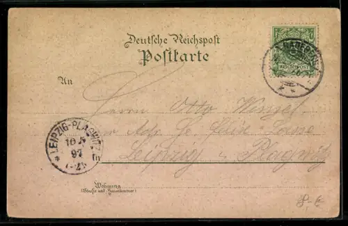 Lithographie Radeberg, Kaiserl. Postamt, Rathaus, Schloss jetzt Amtsgericht