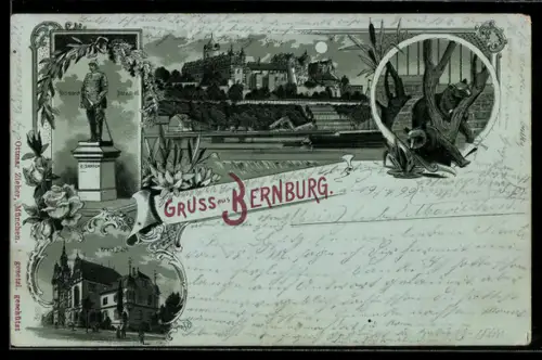 Mondschein-Lithographie Bernburg, Kreishaus, Bismarck-Denkmal, Schloss, Bär