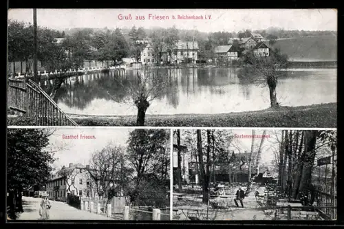 AK Friesen b. Reichenbach, Gasthof Friesen, Gartenrestaurant, Teich