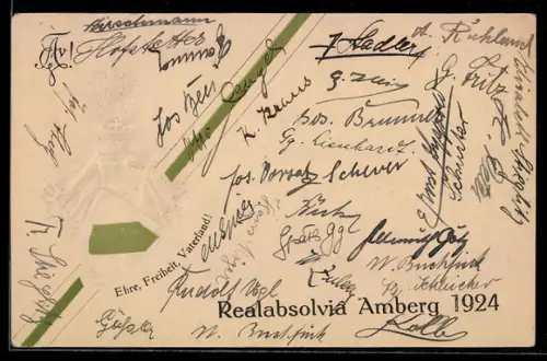 AK Amberg, Realabsolvia 1924, Ehre, Freiheit, Vaterland, weiss-grün-weisses Band, geprägter Helm und Schild
