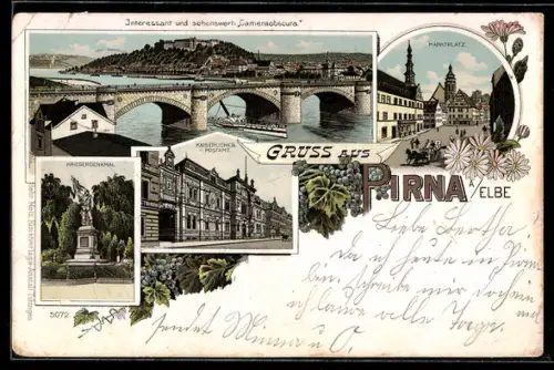 Lithographie Pirna, Marktplatz, Kriegerdenkmal, Kaiserliches Postamt, Blumen, Weinreben