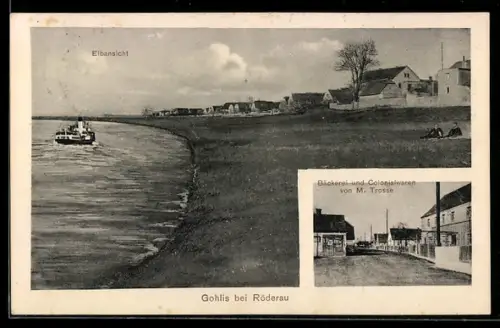 AK Gohlis, Elbansicht und Bäckerei & Colonialwaren von M. Trosse