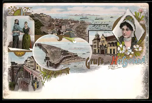 Lithographie Helgoland, Helgoländerin in Tracht, Treppe, Neue Post um 1900