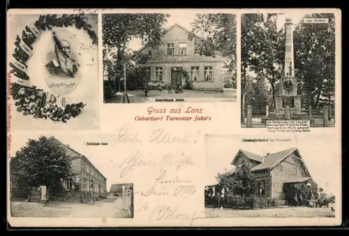 AK Lanz, Geburtsort von Turnvater Jahn, Portrait vom Turnvater und Denmal, Gasthof zur Eisenbahn
