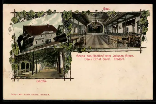 AK Etzdorf, Gasthof zum weissen Stern, Bes. Ernst Greif, Saal, Garten und Aussenansicht